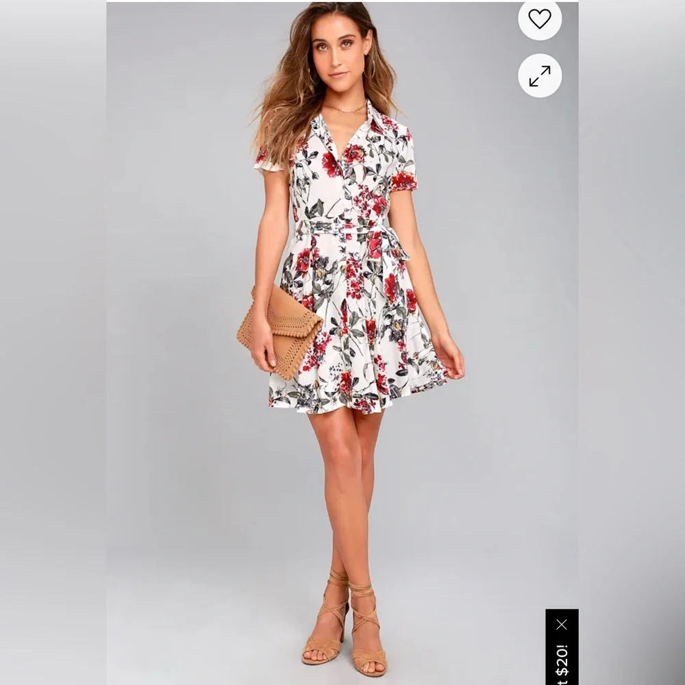 Lulus Floral Shirt Dress Large White Red Belted Fit Flare Mini Dress